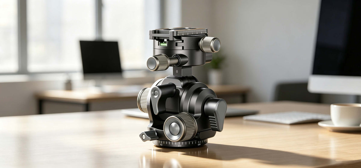 A close-up of a black and silver camera tripod head with adjustment knobs, resting on a polished wooden table with a softly blurred indoor background.