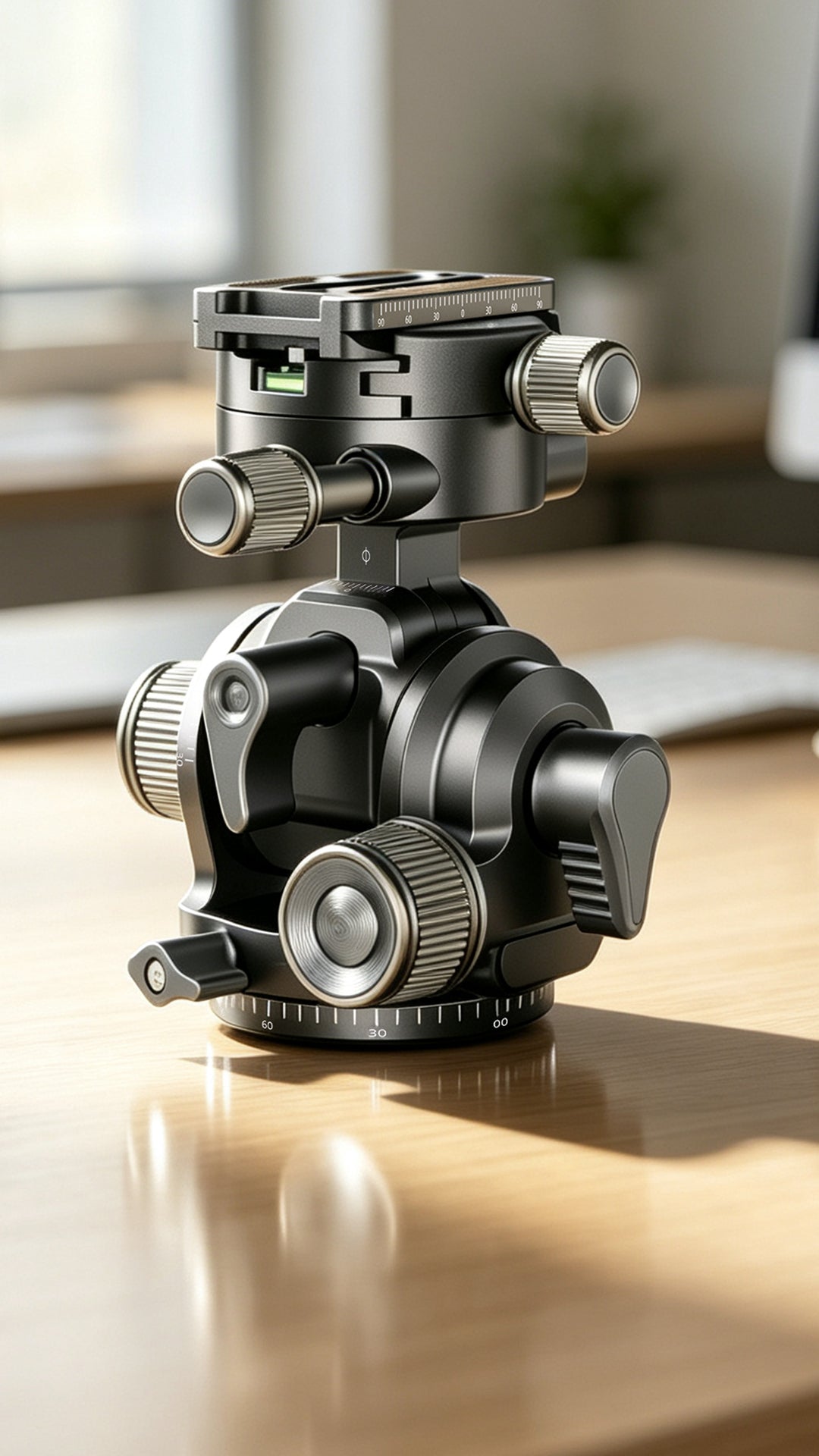 A close-up of a black and silver camera tripod head with adjustment knobs, resting on a polished wooden table with a softly blurred indoor background.