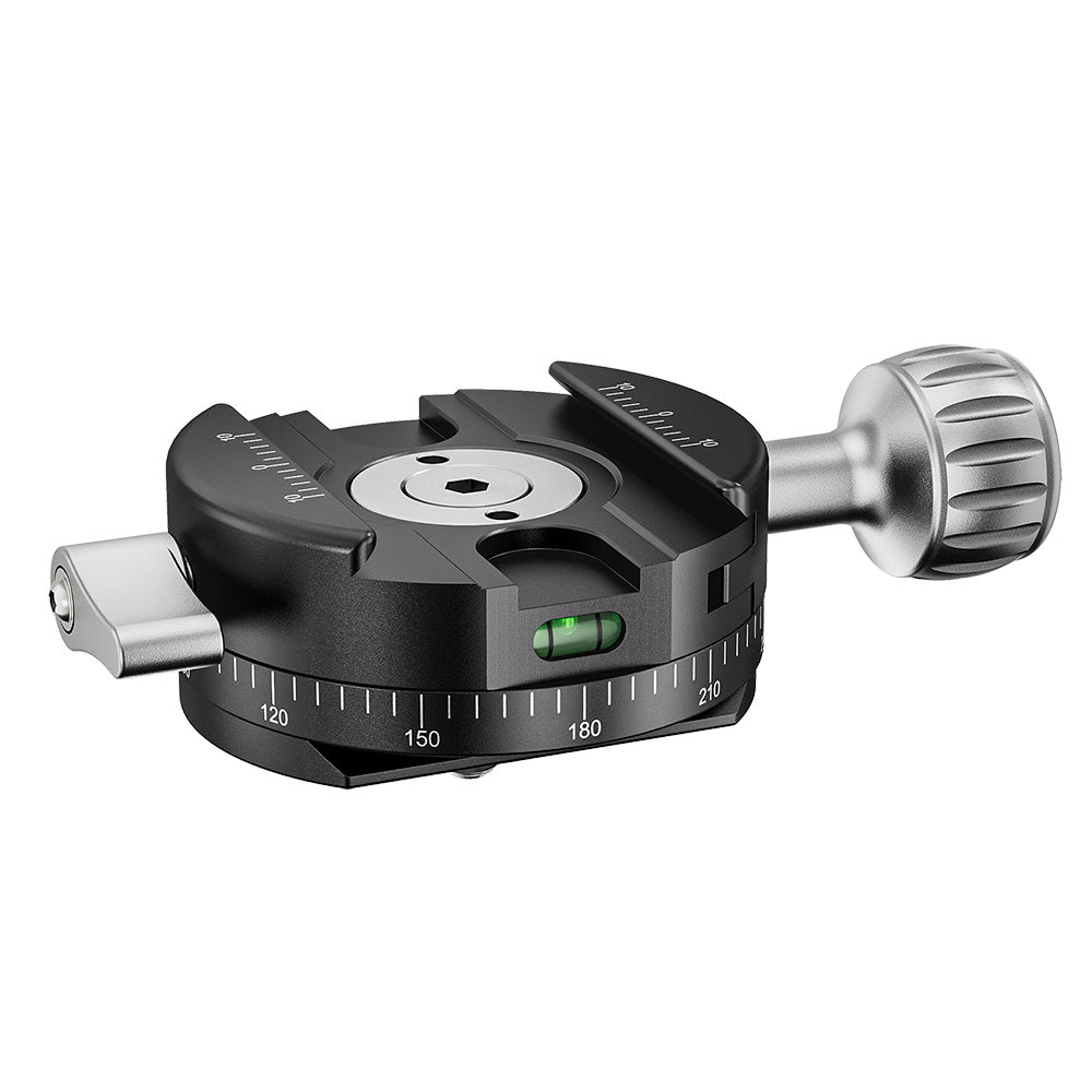 A black and silver camera tripod head with a level bubble, degree markings, and a knurled adjustment knob, shown on a solid white background.