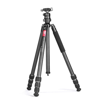 A carbon fiber tripod with black rubberized leg sleeves and a silver head, shown on a clean white background.
