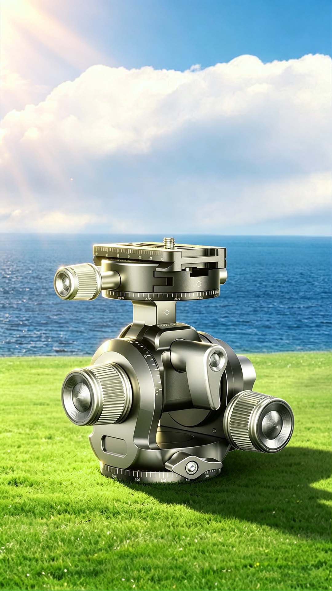 A metallic tripod or surveying instrument with three eyecups stands on green grass in front of a blue ocean and cloudy sky.